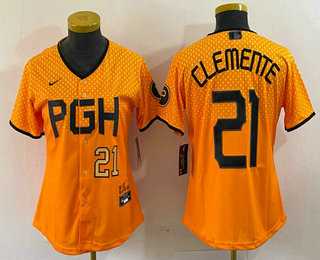 Women's Pittsburgh Pirates #21 Roberto Clemente Number Yellow 2023 City Connect Stitched Jersey2,We sell and wholesale Women's Pittsburgh Pirates #21 Roberto Clemente Number Yellow 2023 City Connect Stitched Jersey2 on line form chian!